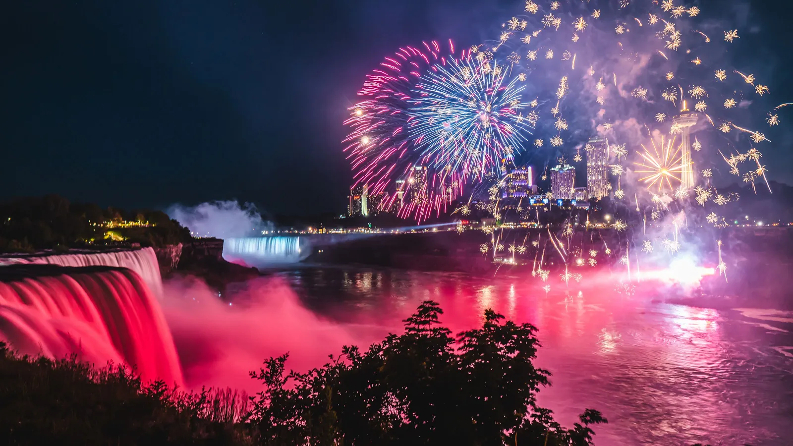 Fyrværkeri, der eksploderer over Niagara Falls om natten, vandet neden for vandfaldene oplyst i rødt og byens lys langs horisonten